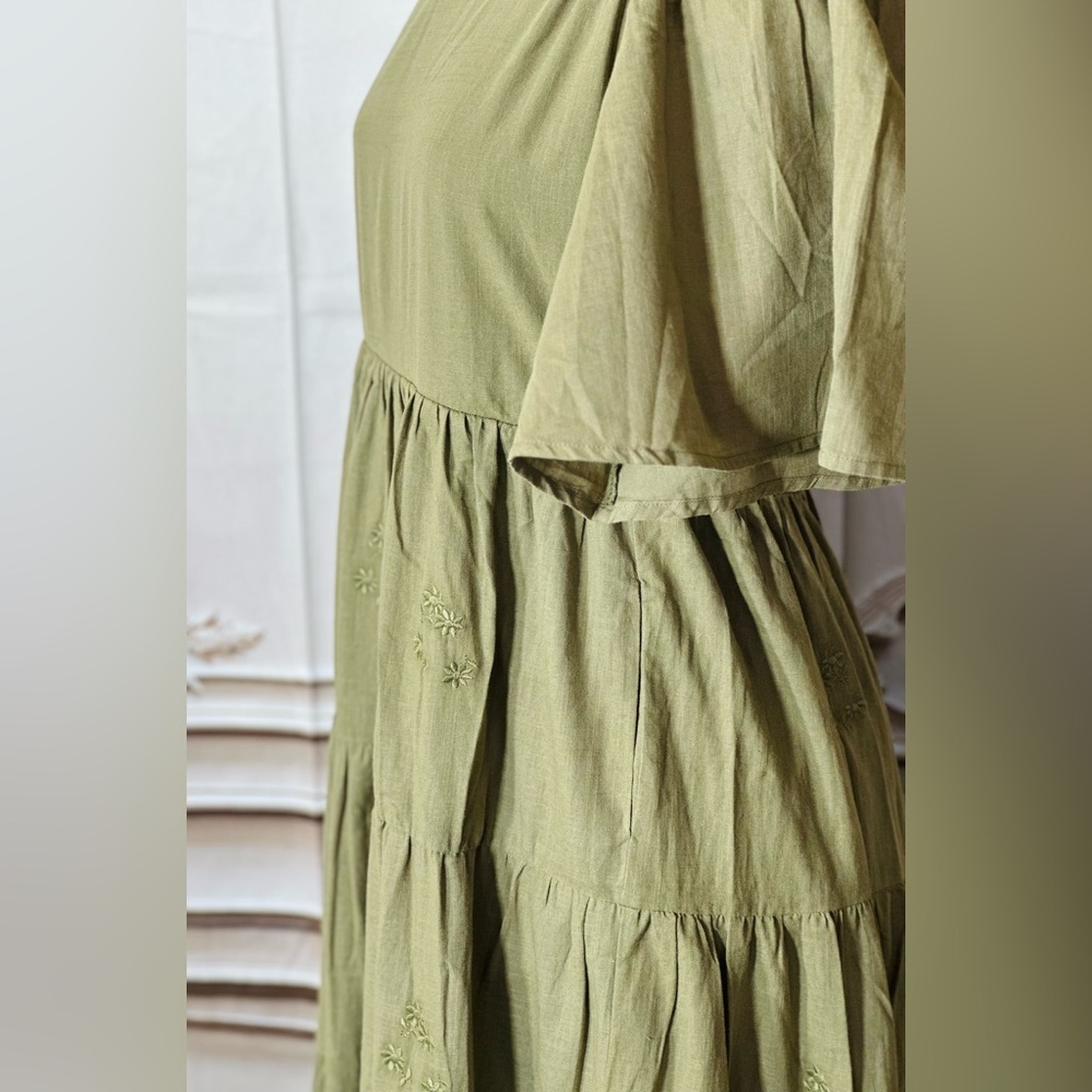 Olive Tiered V-Neck Maxi Dress with Flutter Sleeves - Picture 6 of 8
